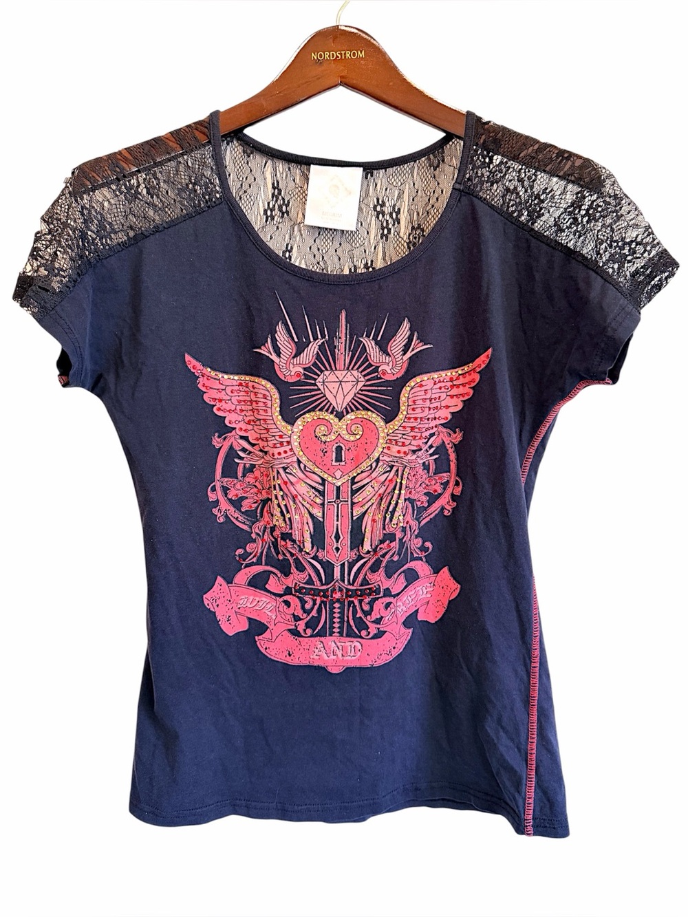 Rebel & Soul Y2K bejeweled graphic top with lace detail, black, size M
